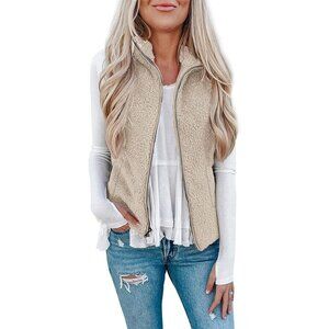 Women's khaki Sherpa Fleece Jacket Lightweight Vest Cozy Sleeveless Cardigan
